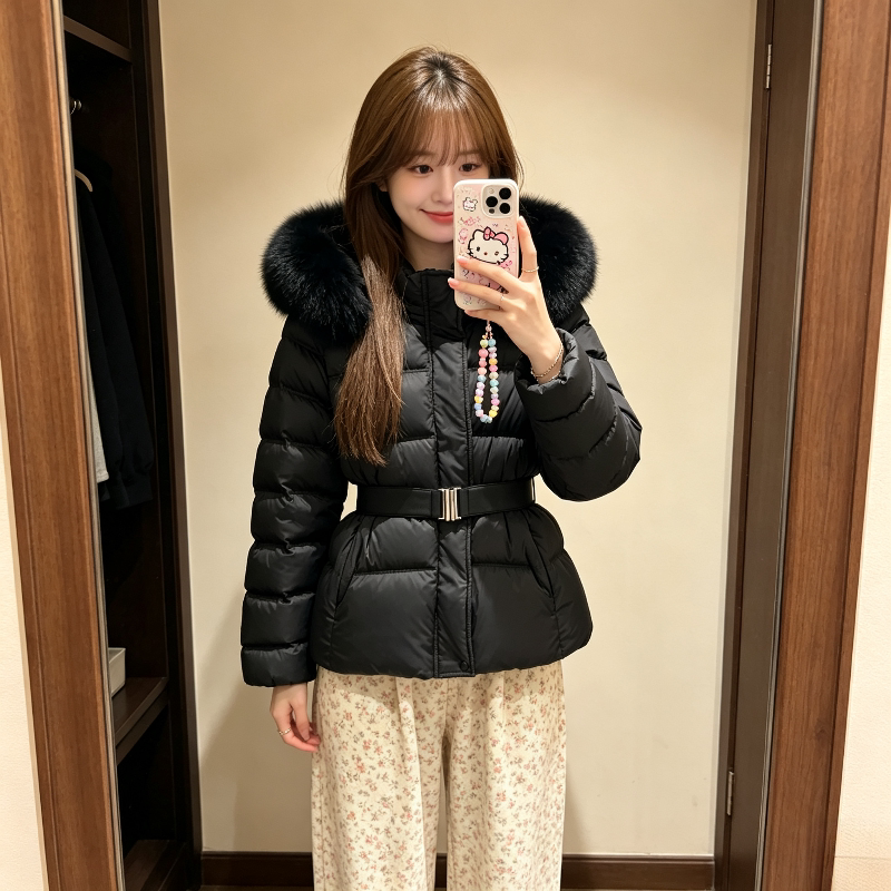 欧货大毛领加厚保暖冬季设计感收腰显瘦小个子宽松棉服外套女洋气