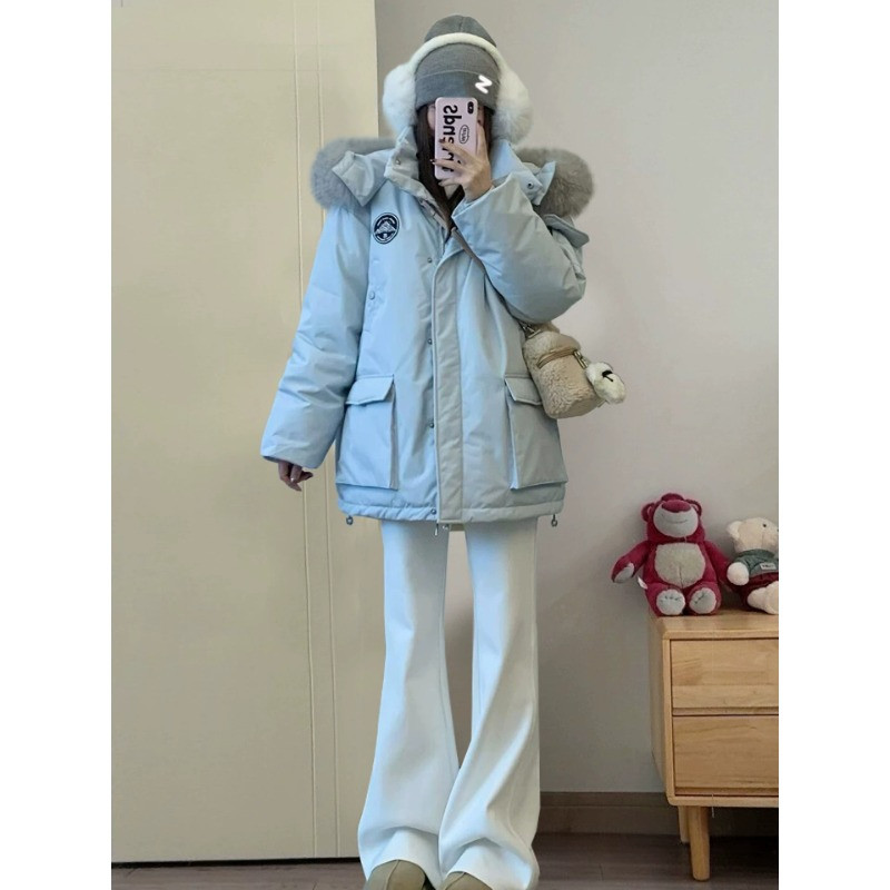 毛领连帽工装慵懒风宽松大码加绒加厚保暖防寒棉服外套女派克棉袄