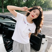 软妹风彩虹斑马T恤女夏季 洋气潮 不规则斜扣圆领减龄学生上衣短袖