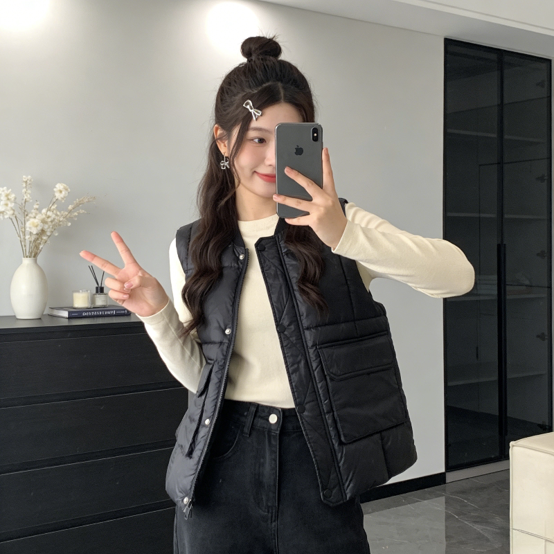 秋冬免洗亮面设计感立领无袖坎肩宽松大码小个子棉服马夹外套女潮