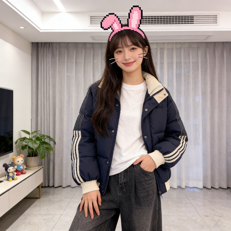 港风立领三条杠拼接撞色加厚保暖宽松小个子棉服外套女面包服棉袄