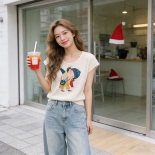 冰丝针织短袖薄款T恤女夏季欧货正肩轻奢高级感法式镂空短款上衣