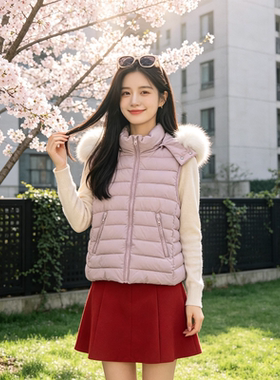 粉色温柔风大毛领连帽修身显瘦短款小个子排骨服无袖棉服马夹女潮