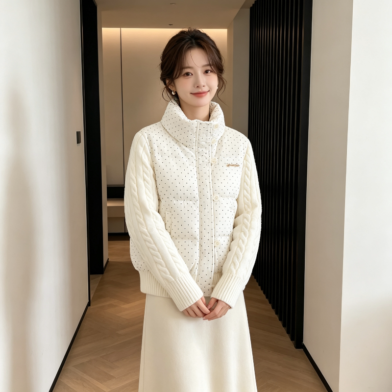 温柔风冬季波点立领减龄针织麻花袖子拼接宽松休闲小个子棉服女潮