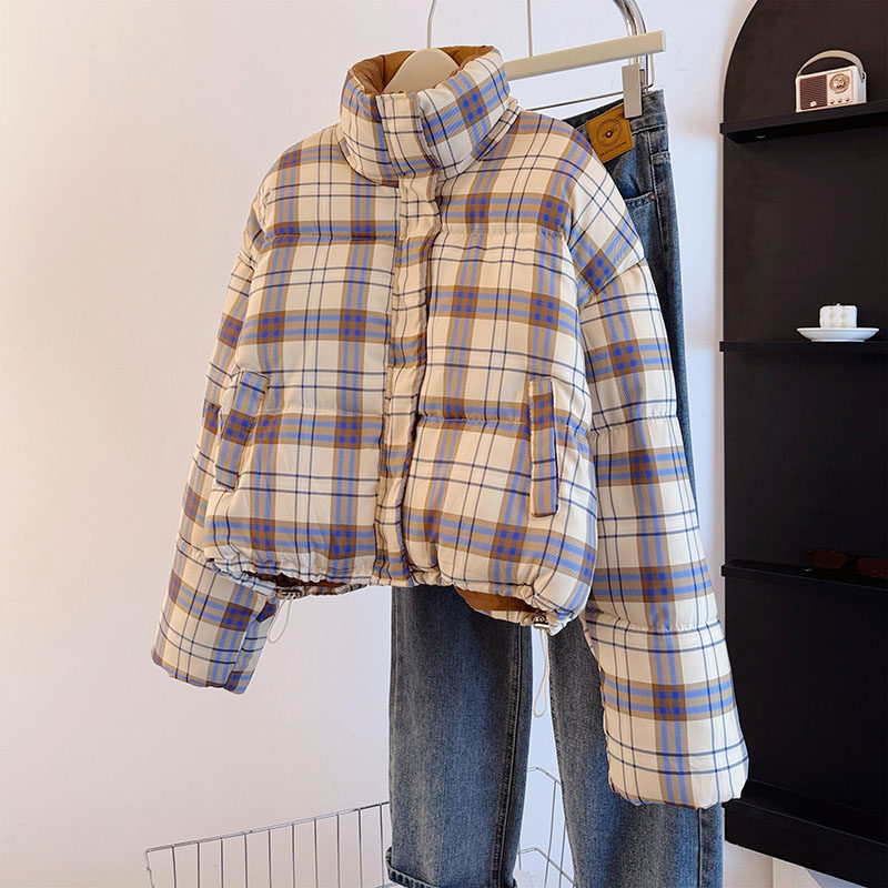 冬季加厚保暖格子复古棉服女百搭立领小众新款面包服气质学生外套