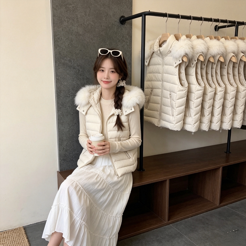 白色温柔风减龄大毛领修身显瘦小个子无袖连帽排骨棉服马夹外套女