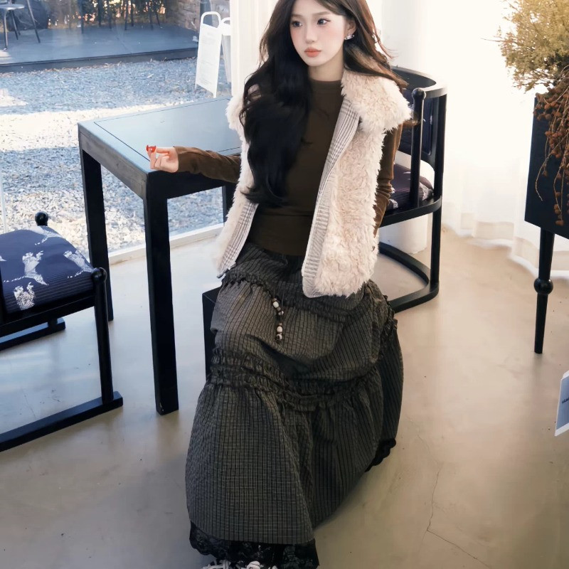 毛茸茸格纹立领休闲宽松大码小个子无袖坎肩棉服马夹外套女洋气潮
