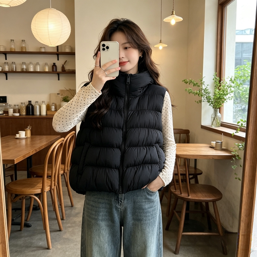 秋冬慵懒风宽松连帽加厚保暖小个子无袖坎肩泡芙款棉服马夹外套女