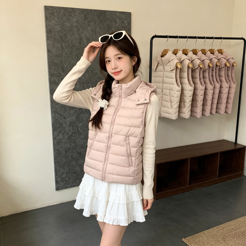 秋冬设计感轻薄款修身显瘦连帽小个子无袖坎肩排骨服棉衣马夹女潮