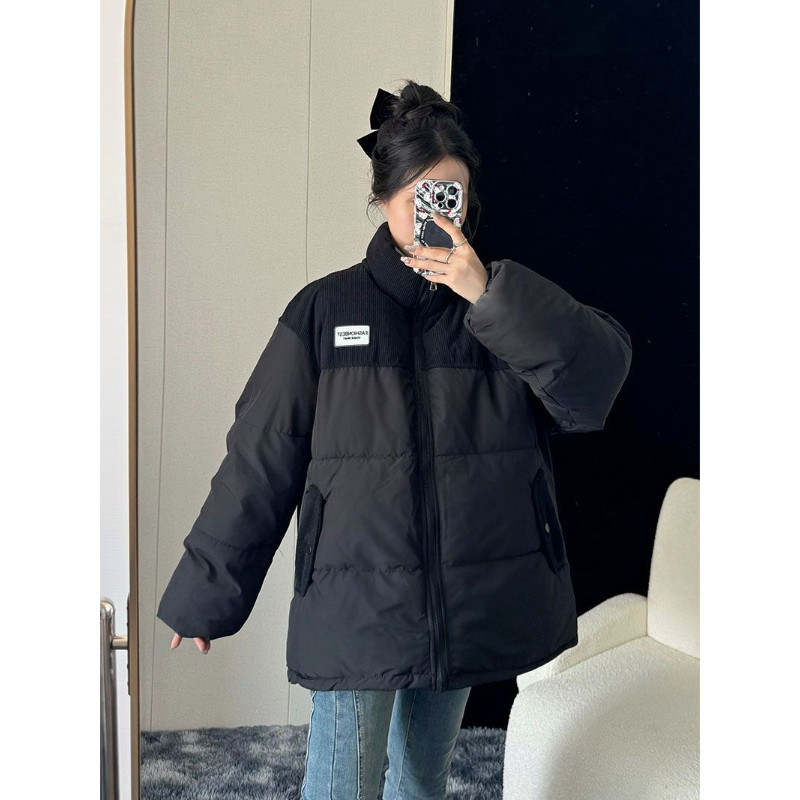冬季新款韩版宽松加厚面包服立领外套韩系灯芯绒棉衣拼接棉袄棉服
