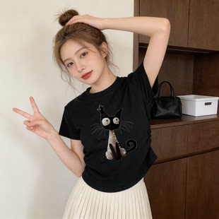 设计感卡通小猫图案印花正肩短袖T恤女2026夏季新款洋气体恤