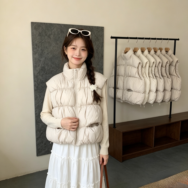 白色温柔风秋冬设计感立领宽松大码小个子减龄无袖棉服马夹外套女