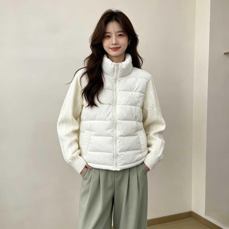白色温柔风立领针织麻花袖子拼接宽松休闲小个子棉服外套女排骨服