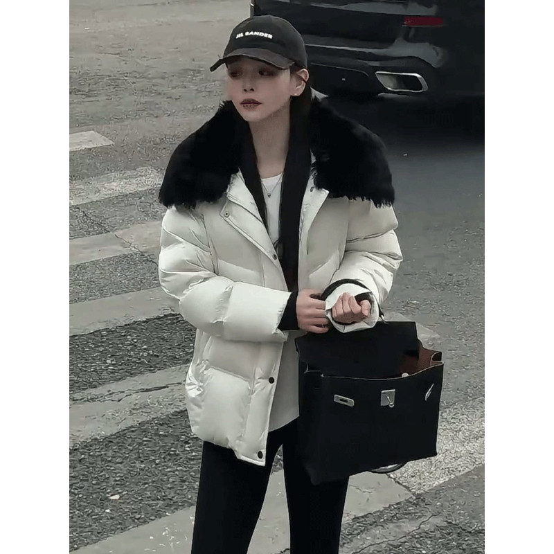 欧货大毛领翻领设计感收腰显瘦宽松大码加厚保暖防寒棉服外套女潮