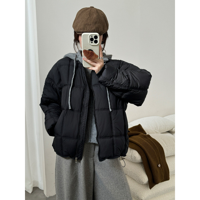针织拼接假两件设计感连帽泡芙款休闲宽松大码小个子棉服外套女潮