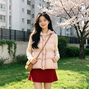 慵懒风秋冬设计感宽松大码小个子无袖连帽坎肩棉服马夹外套女减龄