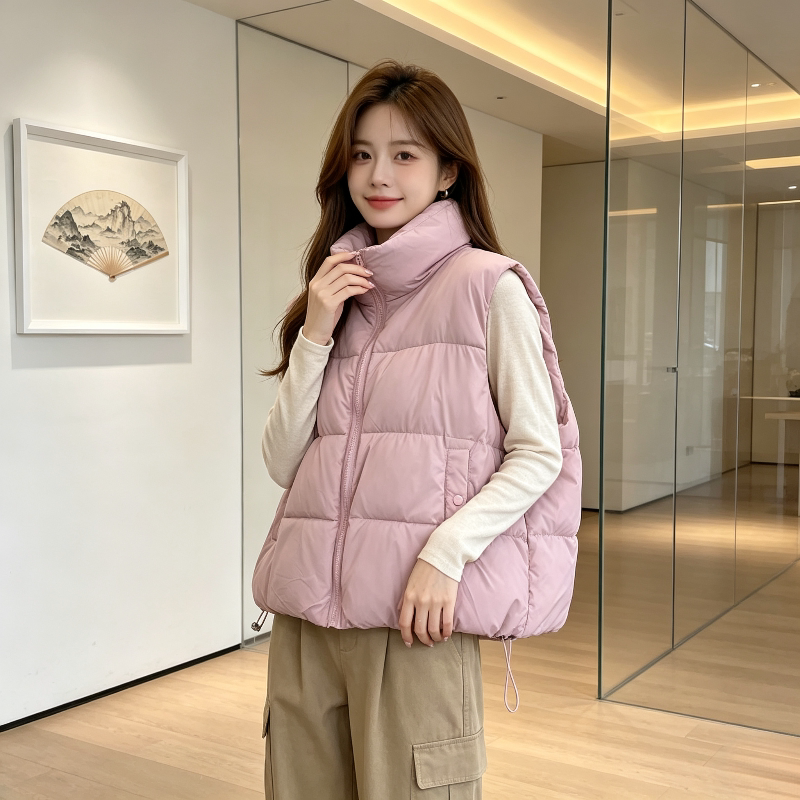 粉色温柔风减龄秋冬设计感立领宽松大码小个子加厚保暖棉服马夹女