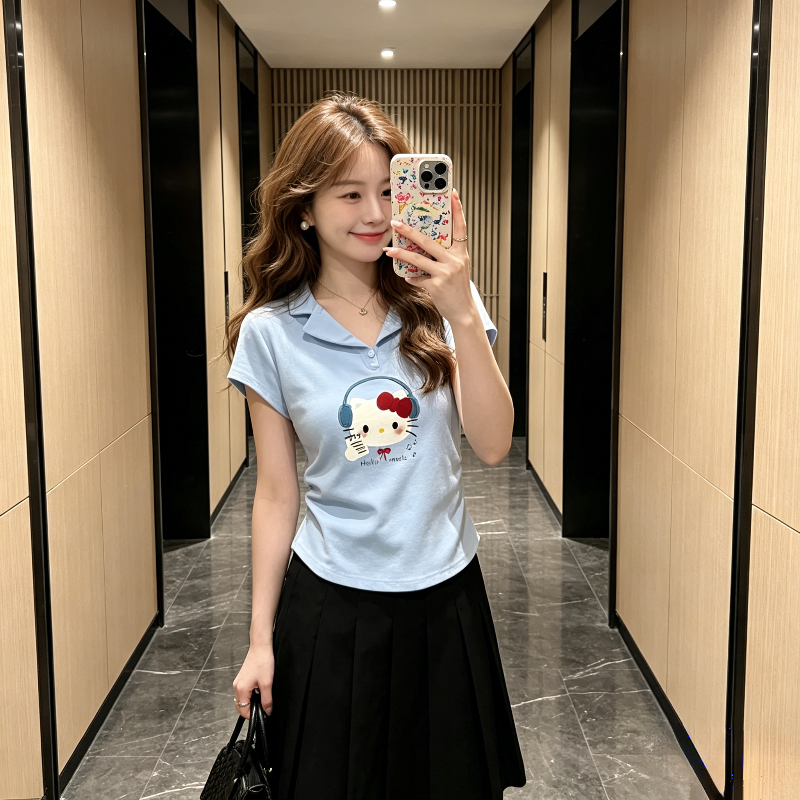 Polo衫短款掐腰修身显瘦正肩短袖T恤女夏季设计感小个子上衣洋气