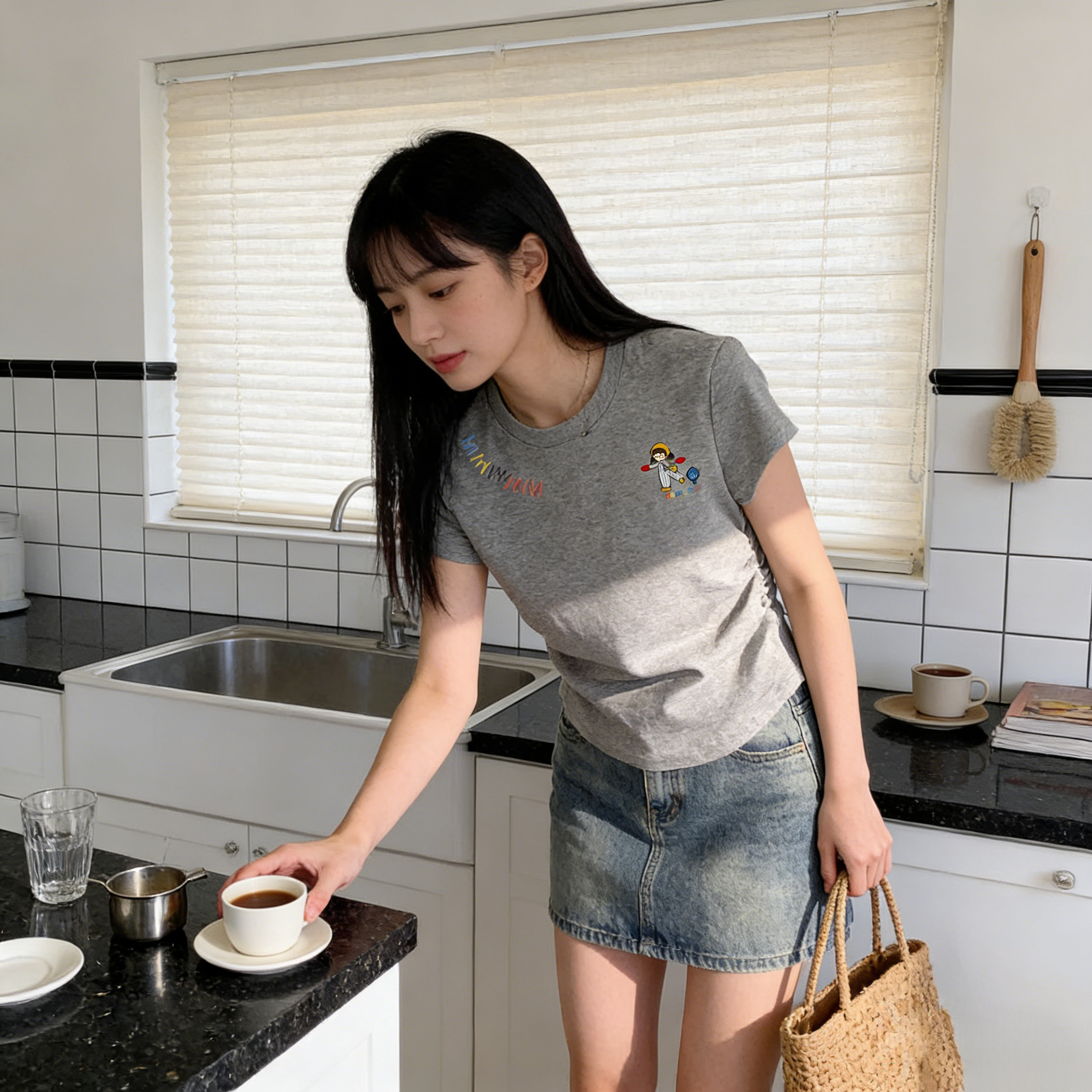 夏季正肩短袖T恤女修身显瘦设计感抽褶小个子小众上衣洋气百搭潮