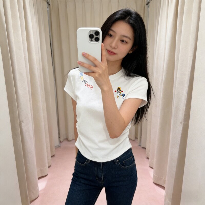 2026年夏季甜美可爱风白色小众花边短袖T恤女正肩收腰短款上衣ins