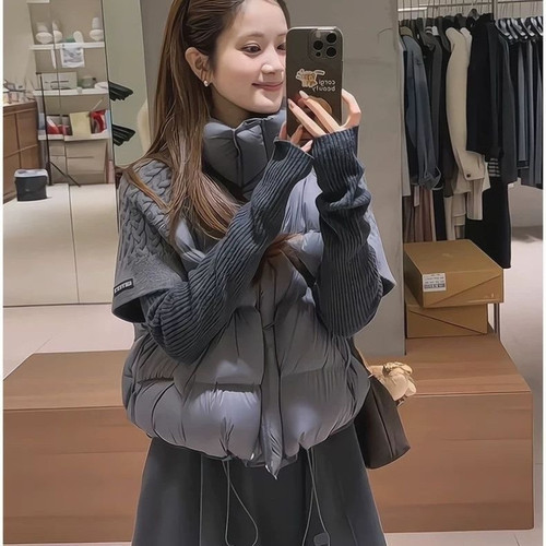 欧货立领设计感针织拼接宽松小个子短款洋气棉服马夹外套女慵懒风