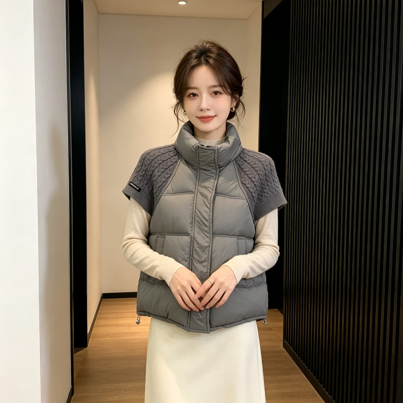 欧货秋冬设计感立领针织短袖拼接休闲宽松大码棉服马夹外套女洋气