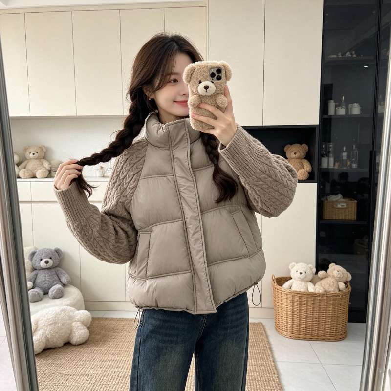 欧货冬季减龄针织麻花袖子拼接设计感宽松休闲棉服外套女保暖防寒