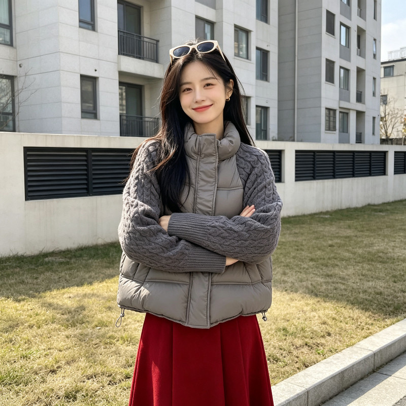 冬季立领针织麻花袖子拼接设计感休闲宽松保暖棉服外套女百搭减龄