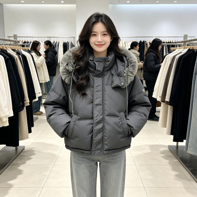 冬季轻奢风气质大毛领连帽加厚保暖防寒宽松大码棉服外套女面包服
