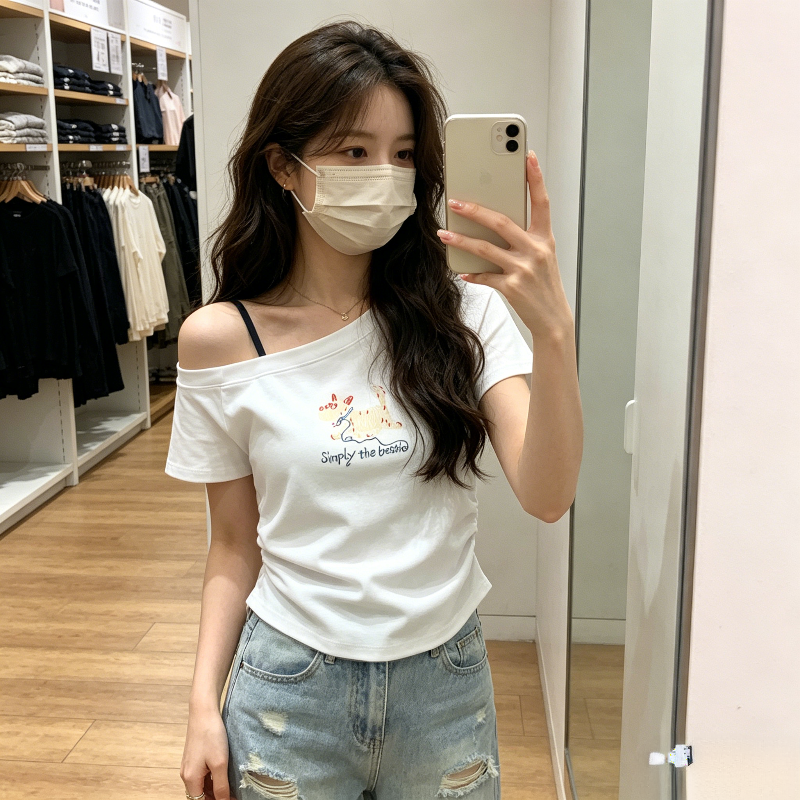 纯欲风设计感吊带露肩小飞袖掐腰短袖T恤上衣女洋气小个子减龄潮