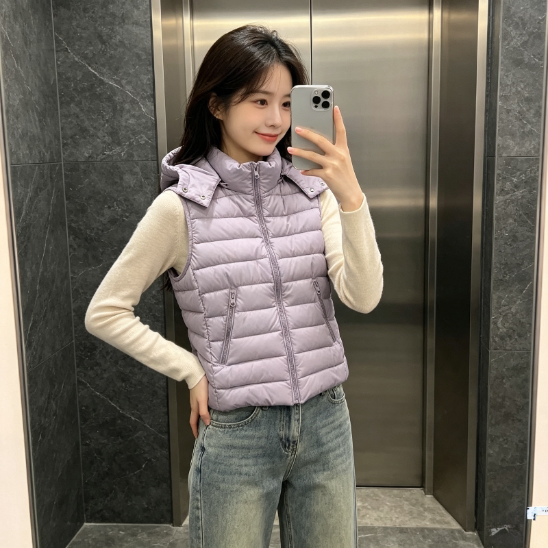 香芋紫无袖轻薄款秋冬坎肩排骨服棉衣马夹外套女修身显瘦小个子潮