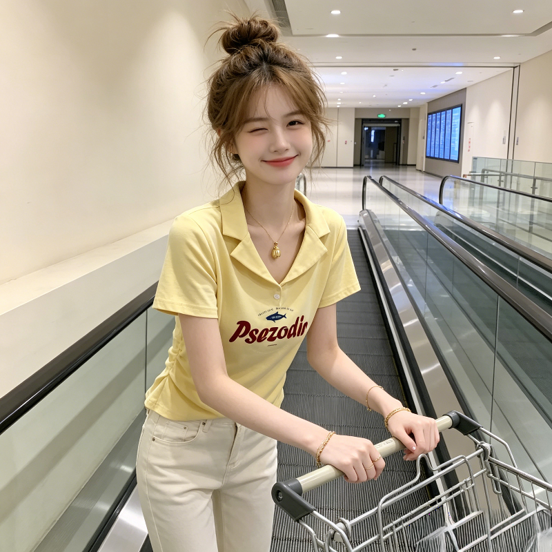 正肩短袖T恤女夏季修身显瘦小个子设计感掐腰显瘦短款Polo衫翻领