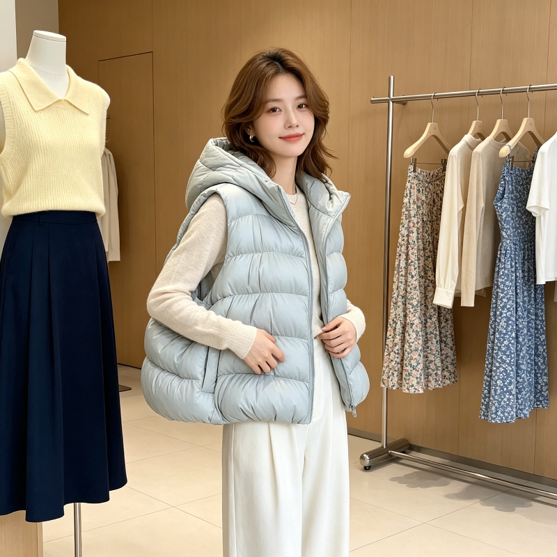 欧货慵懒风秋冬设计感宽松大码小个子连帽无袖坎肩棉服马夹外套女