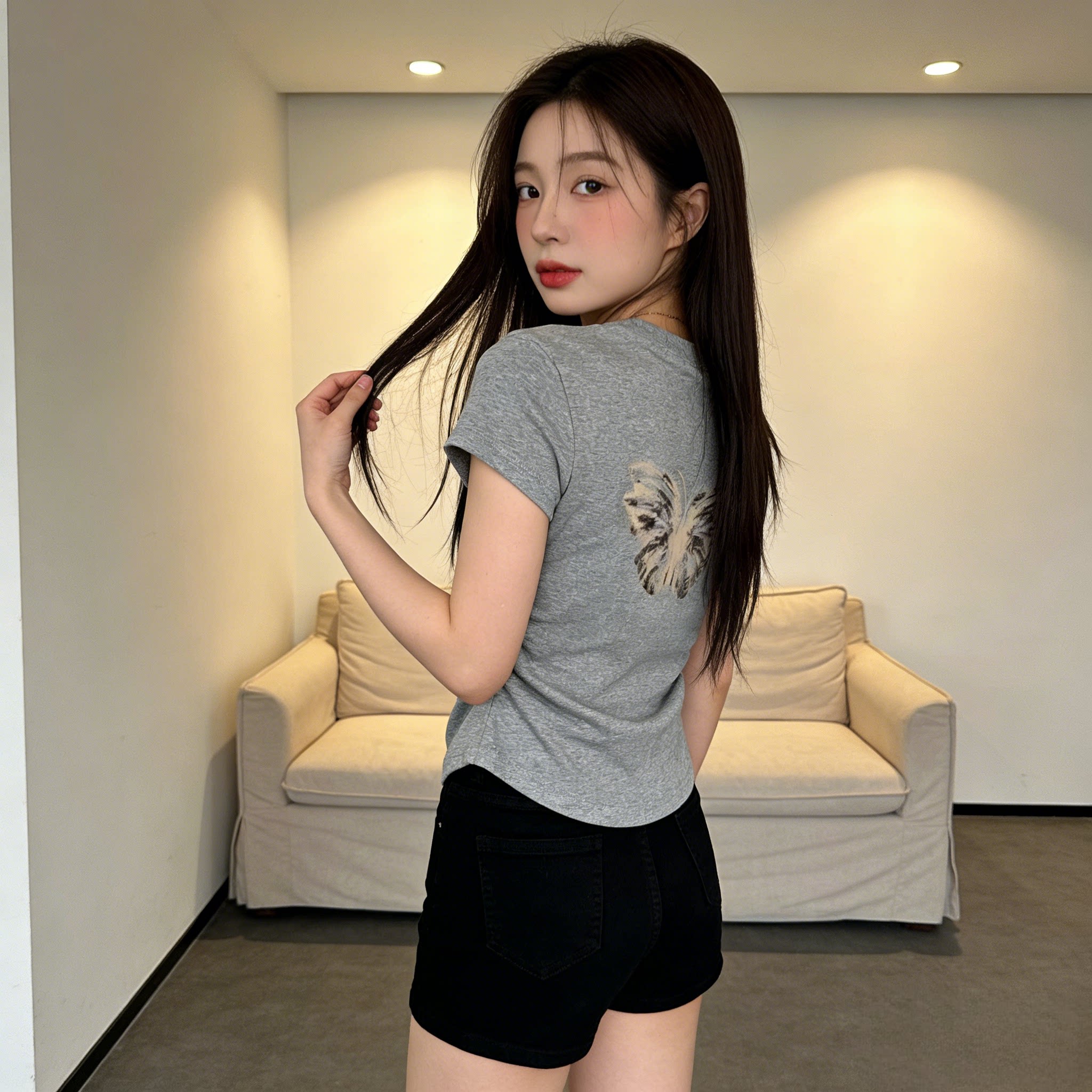 美式复古甜辣妹蝴蝶正肩黑色短袖T恤女夏季修身显瘦掐腰学生上衣