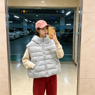 雾霾蓝温柔风连帽宽松大码小个子休闲百搭无袖坎肩棉服马夹外套女