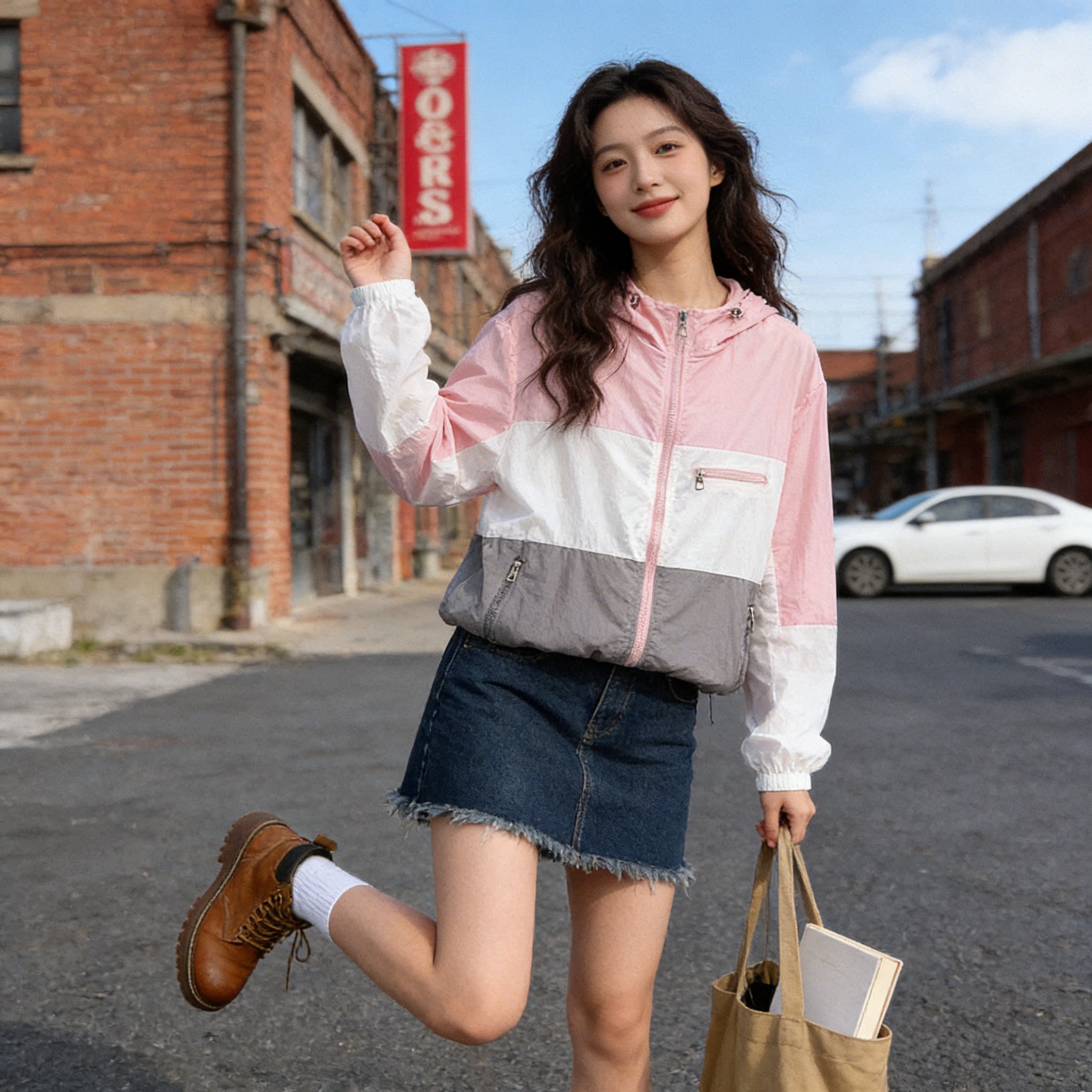 时尚百搭女款夏季薄款韩版设计感拼色连帽宽松防晒衣新款长袖外套