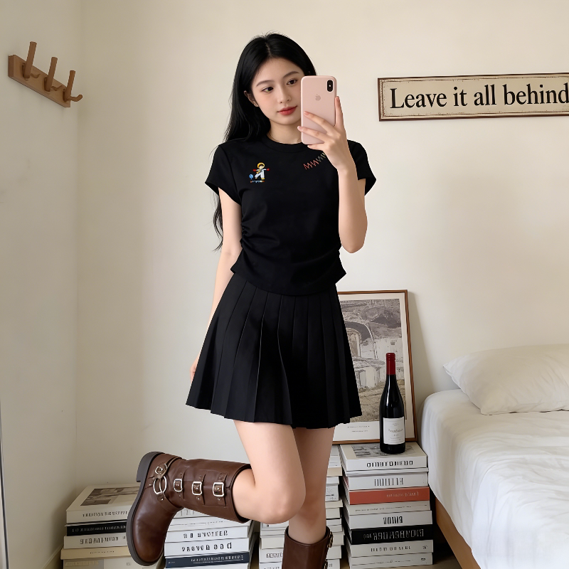 正肩短袖T恤女修身显瘦小个子设计感抽褶洋气百搭休闲上衣气质潮