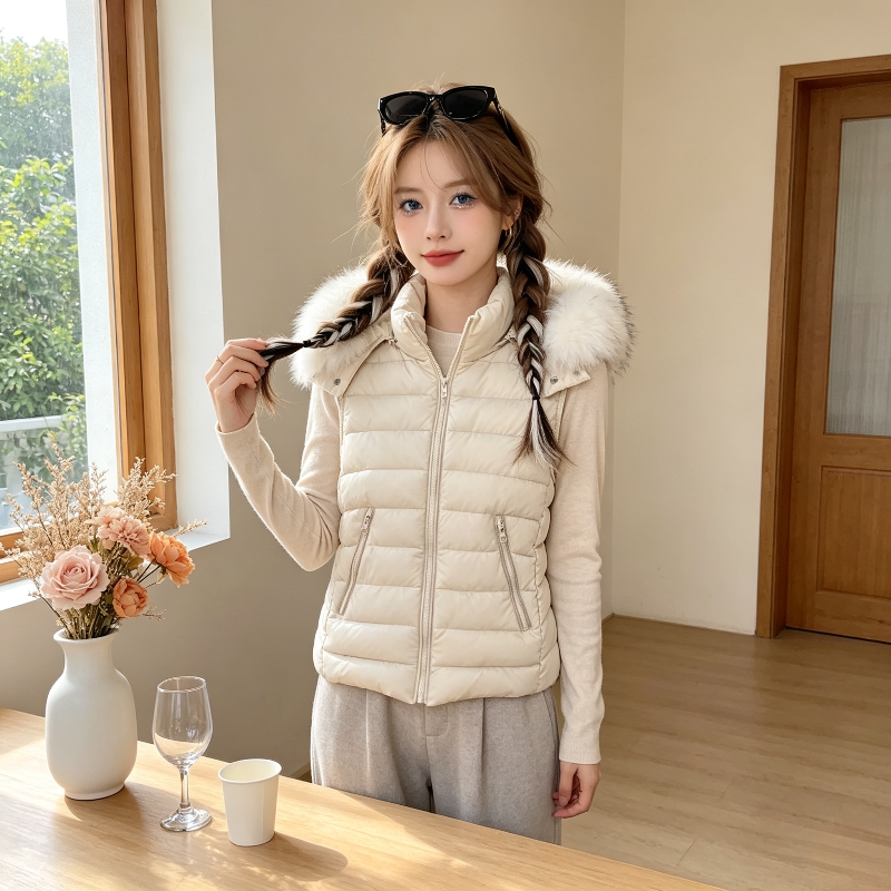 轻薄款连帽大毛领秋冬保暖小个子修身显瘦无袖棉服排骨服马夹女潮