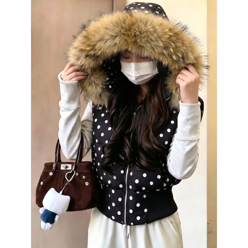 波点毛领冬季连帽保暖防寒休闲小个子减龄气质棉服马夹外套女棉袄