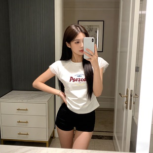 2026夏季美式高街芭蕾风正肩短袖t恤女夏季印花设计感甜辣妹上衣