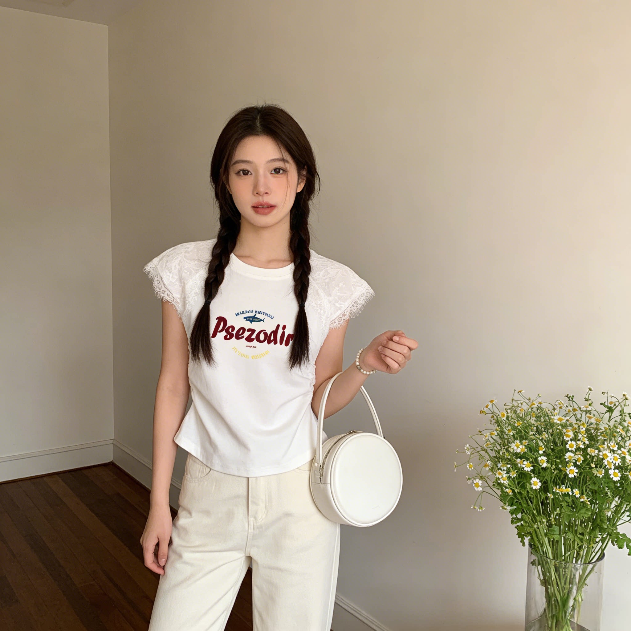 美式白色正肩短袖t恤女夏季新款蕾丝拼接收腰显瘦设计感短款上衣