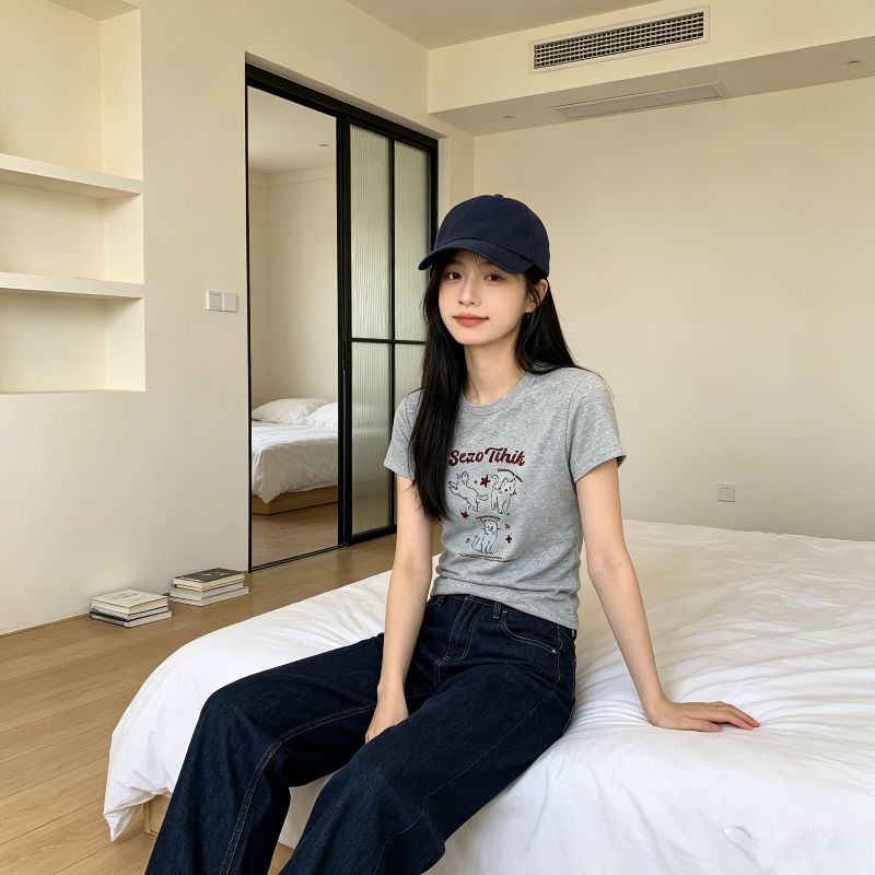 夏季正肩圆领修身显瘦小个子短款短袖T恤上衣女学生减龄百搭洋气