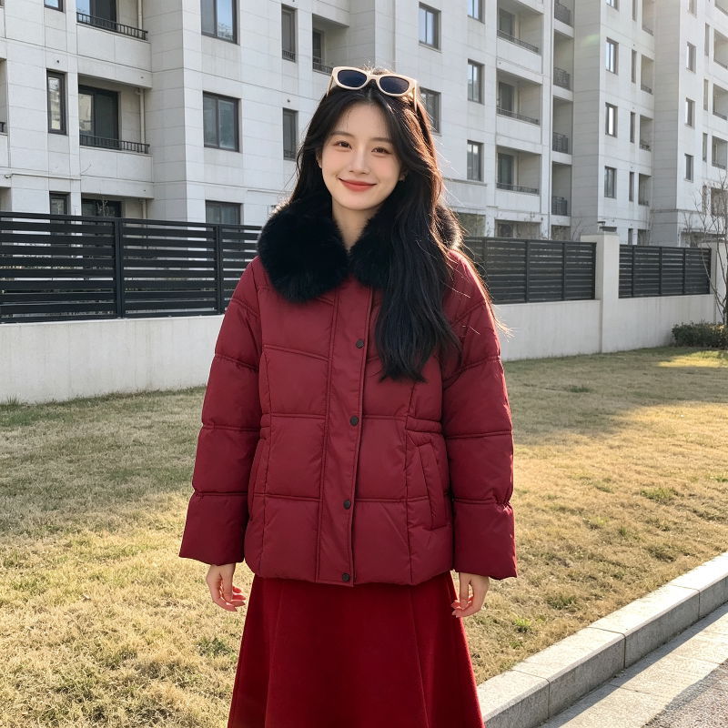 欧货大毛领翻领加厚保暖收腰显瘦小个子宽松大码棉服外套女面包服