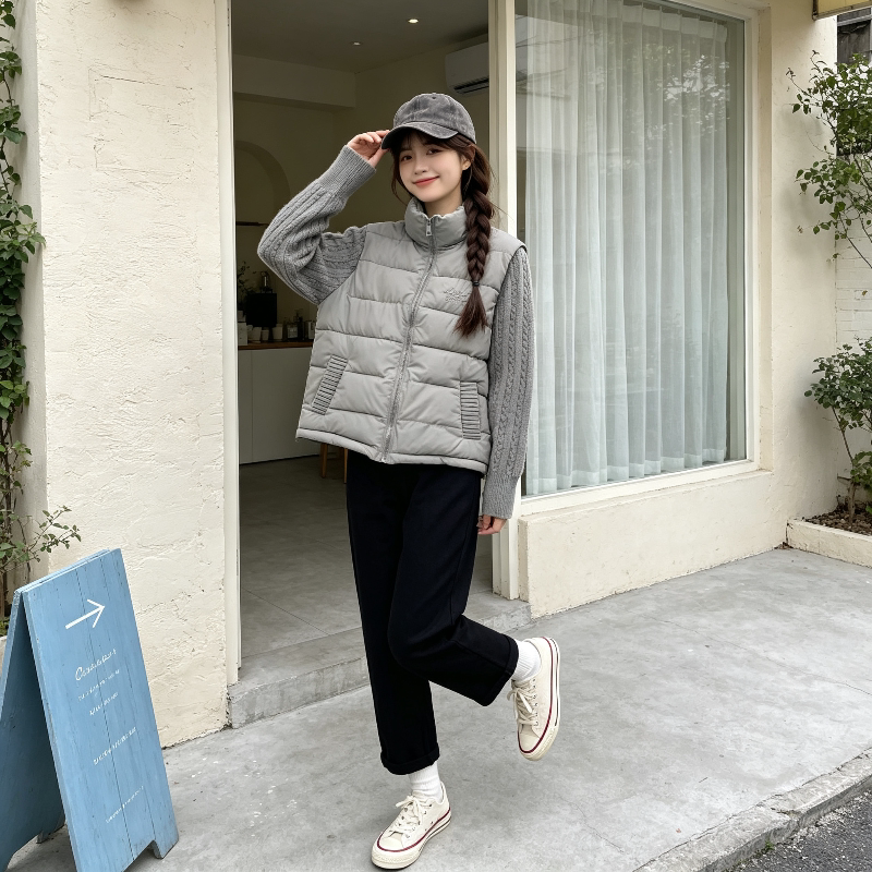 秋冬设计感学院风减龄针织麻花袖子拼接洋气休闲小个子宽松棉服女