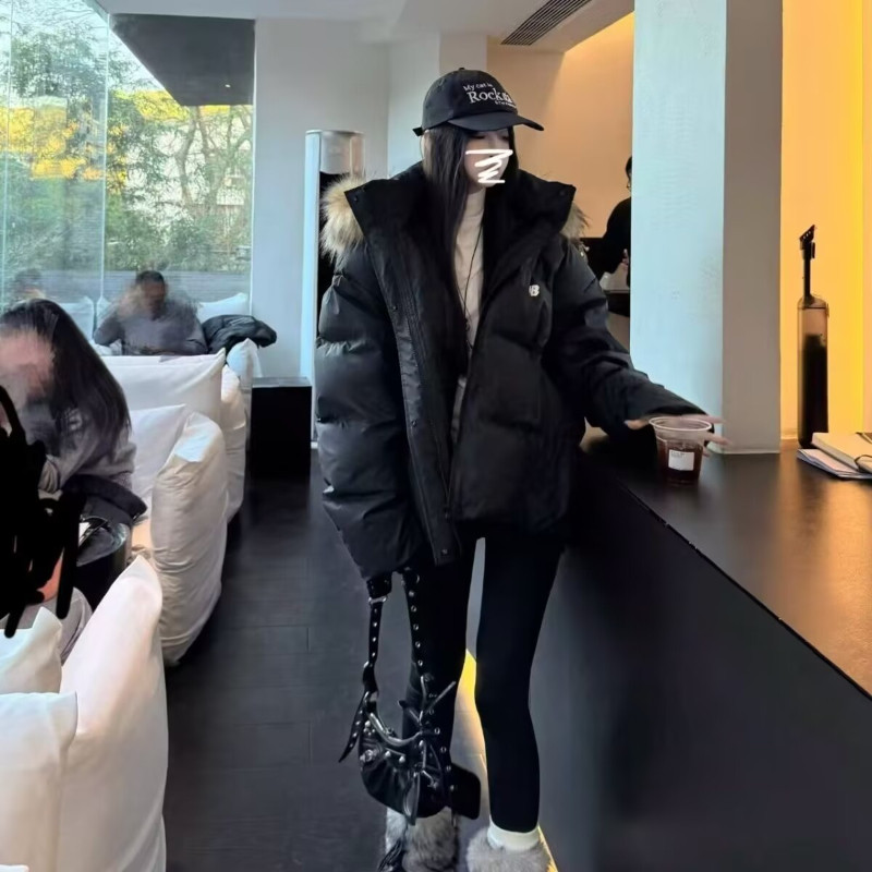 连帽毛领加厚保暖防寒宽松大码小个子工装派克棉服外套女棉袄洋气