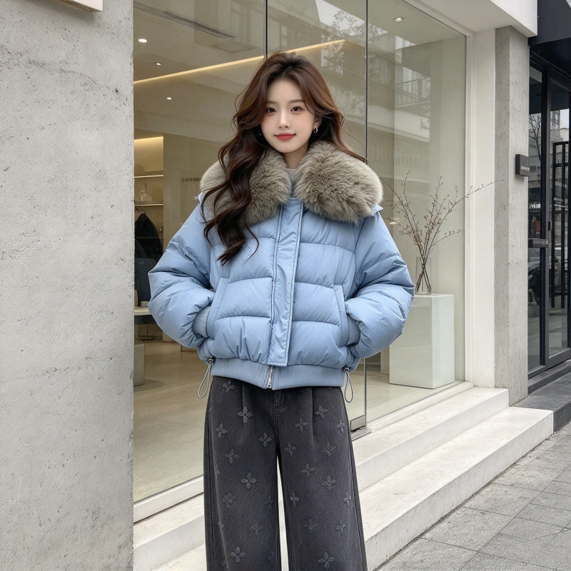 水蓝色大翻领毛领短款设计感加厚保暖防寒棉服外套女轻奢减龄棉袄