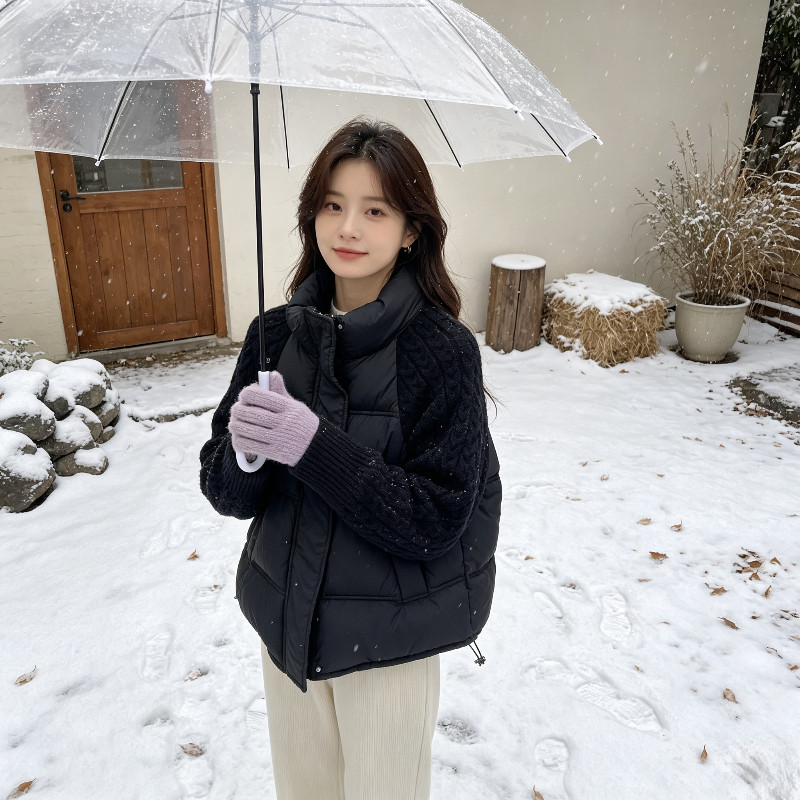 欧货针织麻花袖子拼接立领加厚保暖防寒棉服外套女百搭面包服棉袄