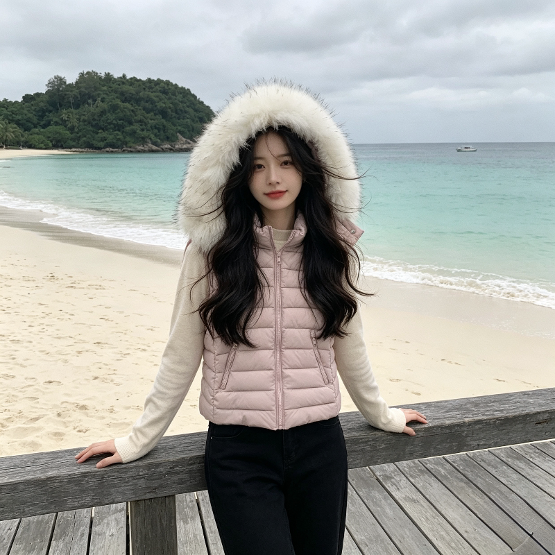 粉色减龄大毛领修身显瘦小个子无袖连帽轻薄款排骨棉服马夹女外套
