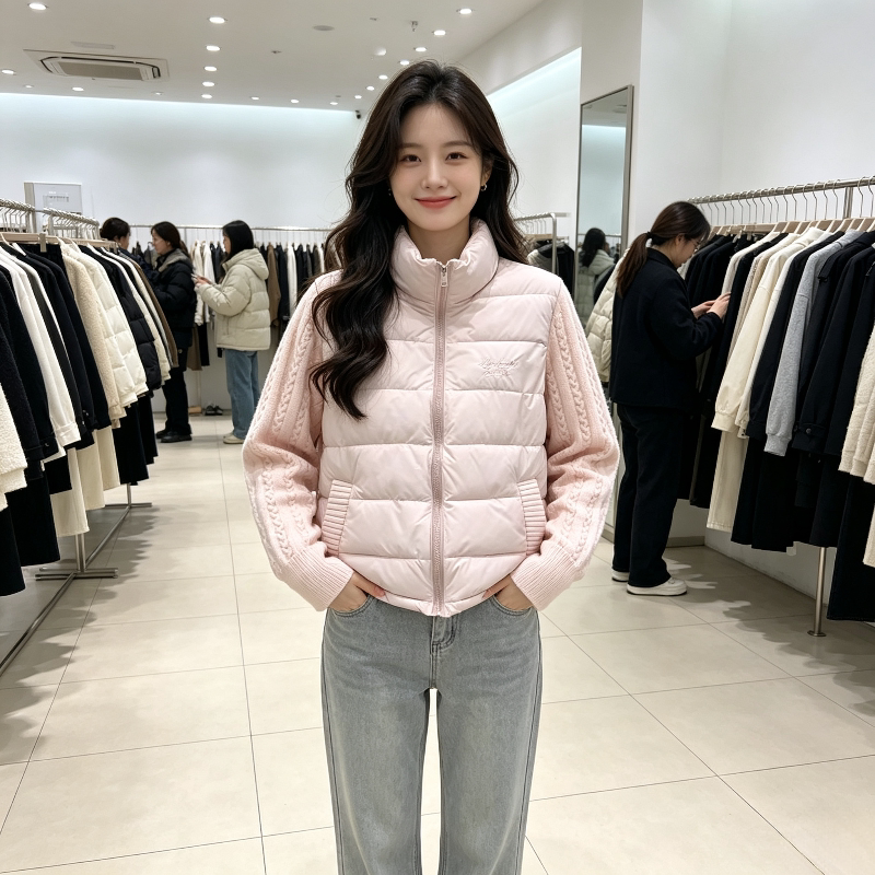 温柔风粉色立领减龄设计感休闲宽松麻花袖子拼接棉服外套女排骨服