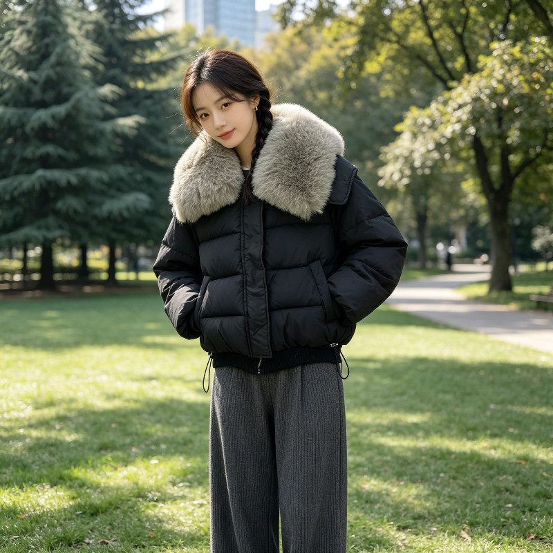 冬季大翻领设计感轻奢气质毛领短款保暖防寒宽松棉服外套女面包服